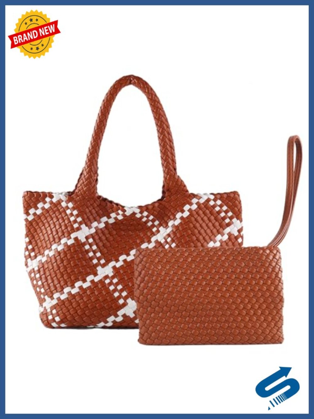Woven Handbag Two Tone Tote Vegan Leather Purse Handwoven Summer Travel Bags
